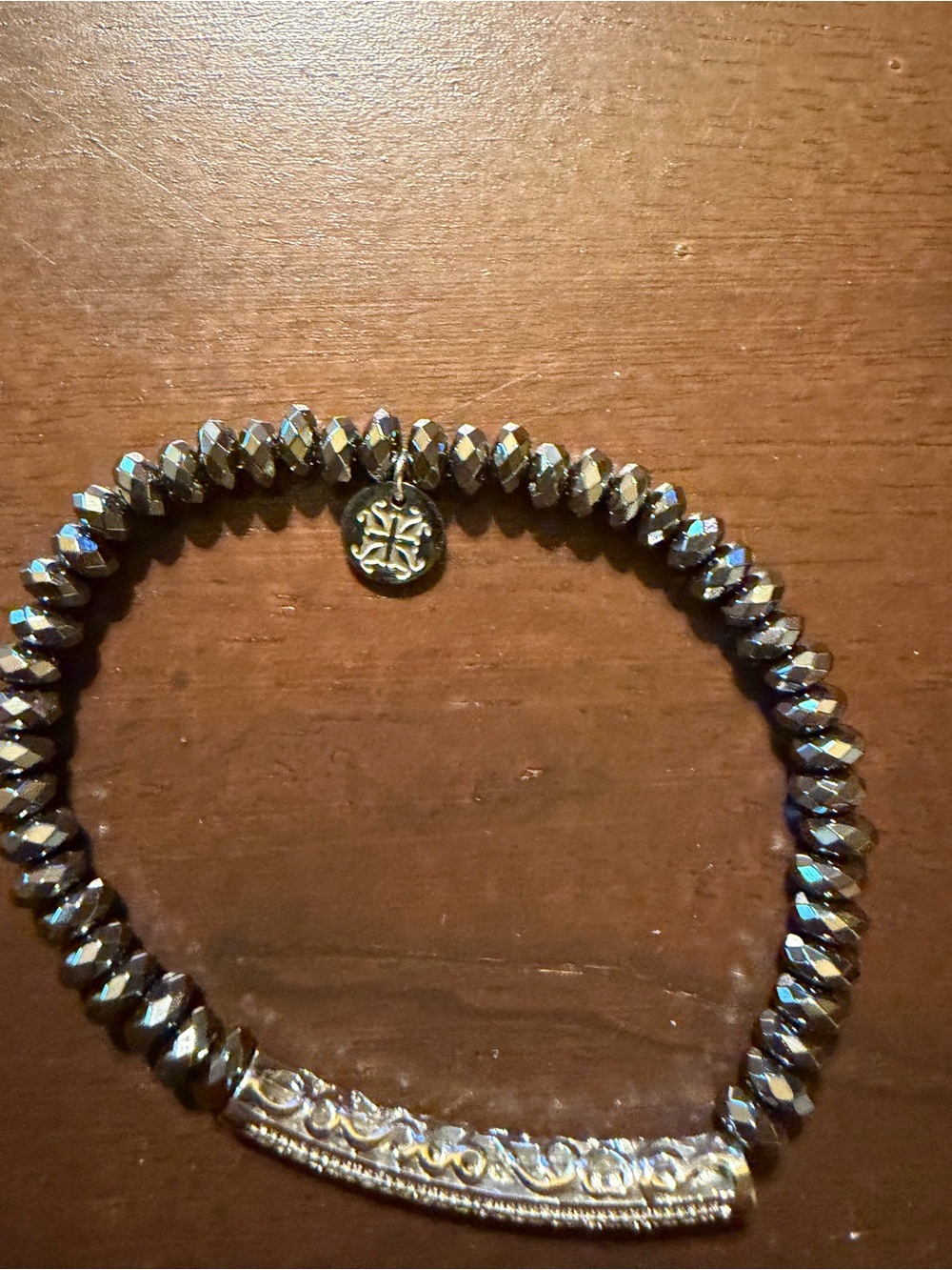 Rustic Cuff Hematite Faceted Bead Stretch Bracelet Silver Scroll Bar NWT